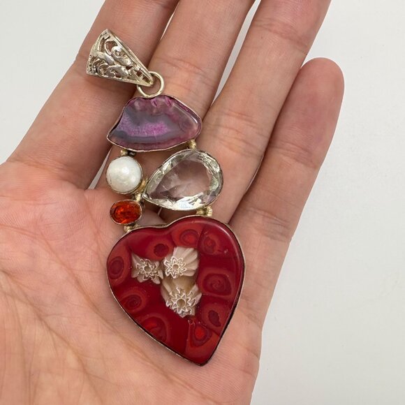 VTG Sterling Silver 925 Multi-Gemstone Glass Heart Pendant Size 3.25" Length - Picture 2 of 13